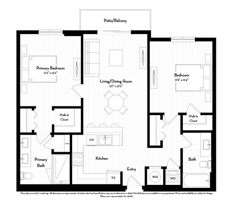 Floor plan for 2 beds, 2 baths, 1034 sqft